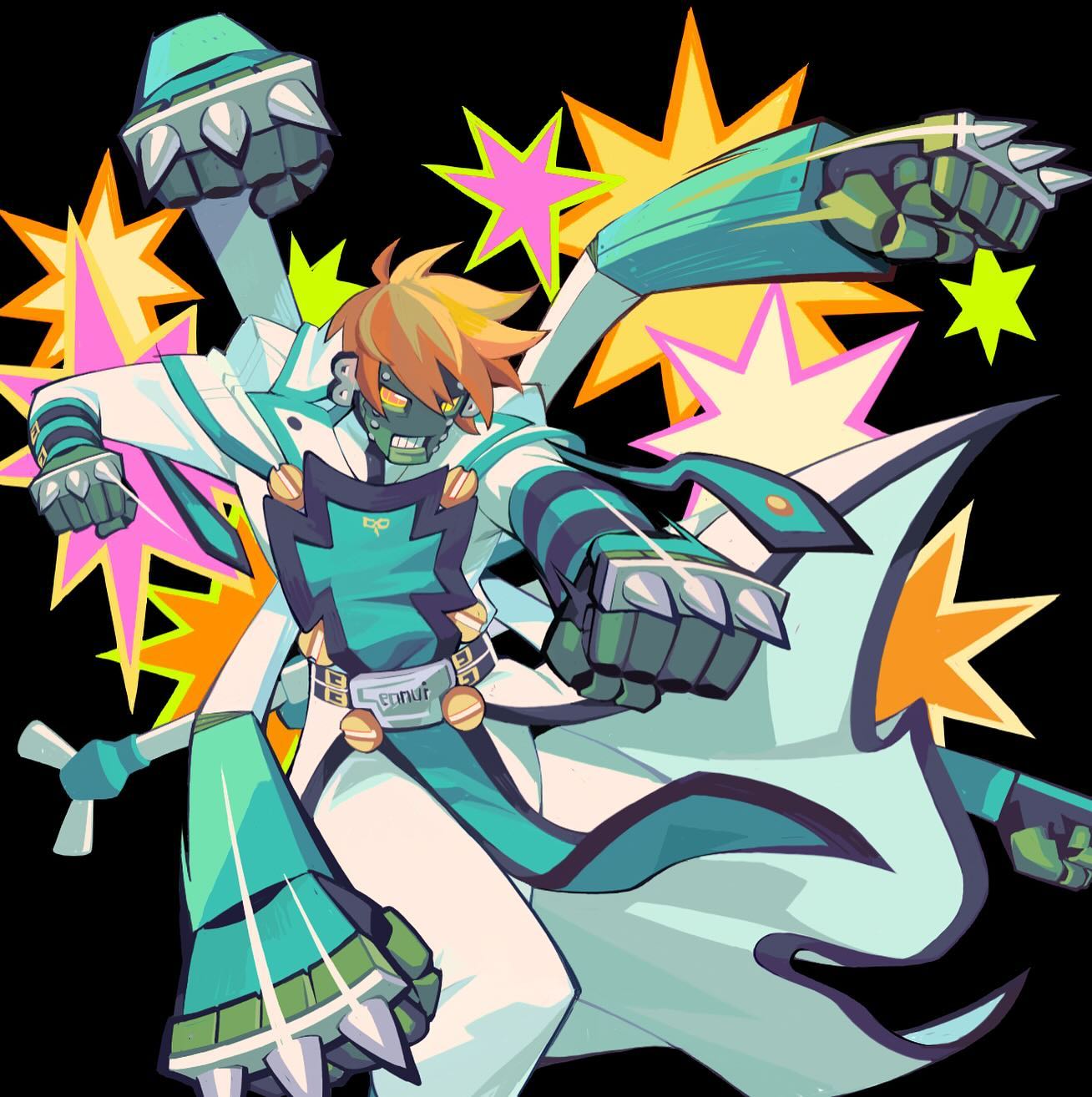 the image is a dynamic digital illustration of an anime/mangastyle male character. he's depicted in a powerful action pose, surrounded by starburst effects suggesting movement and energy. the character is dressed in a futuristic, stylized outfit featuring predominantly teal, white, and green colors. he has robotic or mechanical enhancements on his arms, resembling claws or spiked gauntlets. his face is partially obscured by a mask or helmet. the overall style is vibrant, energetic, and reminiscent of character designs often found in fighting games or graphic novels.  the background is simple, allowing the character to be the central focus.