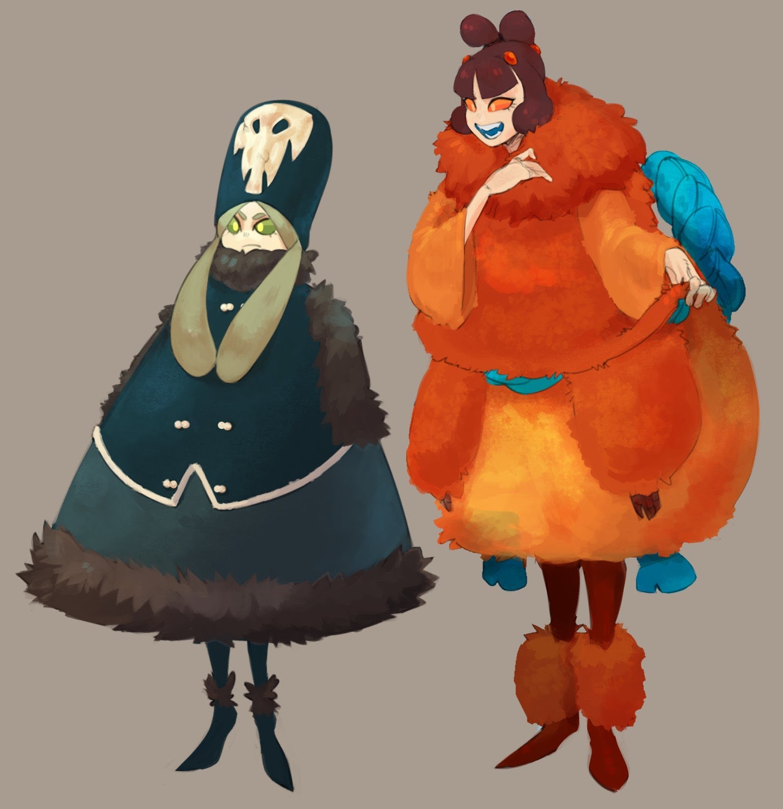 the image contains two anime girls standing in front of a gray background. the girl on the left is wearing a dark blue coat with a white skullshaped hat, and brown fur on the collar and bottom. the girl on the right is wearing an orange fur coat with blue details and brown boots. she has red hair and is smiling. the girls are looking at the viewer.