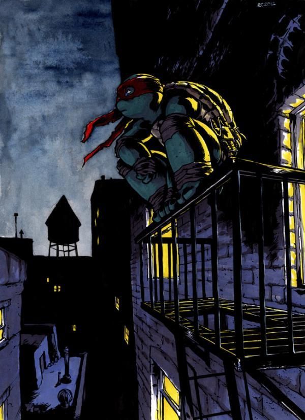 a comic book style illustration of a teenage mutant ninja turtle on a rooftop in the city at night. the turtle is wearing a red bandana and is crouched on a fire escape looking over the edge. the cityscape is silhouetted in the background.