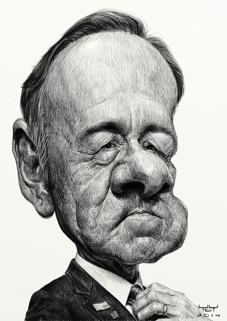 a black and white caricature drawing of actor kevin spacey, showing his head and upper body. he is wearing a suit and tie, and a ring is visible on his finger. the caricature exaggerates his facial features, including a large forehead, nose, and cheeks, and emphasizes the wrinkles on his face.