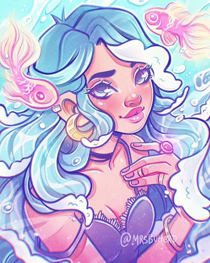 a cartoon illustration of a beautiful anime girl with blue and purple hair,  wearing jewelry and surrounded by water and fish. she has a soft and innocent look on her face, and she is smiling. the background is made up of waves and bubbles, which create a whimsical and dreamy atmosphere.