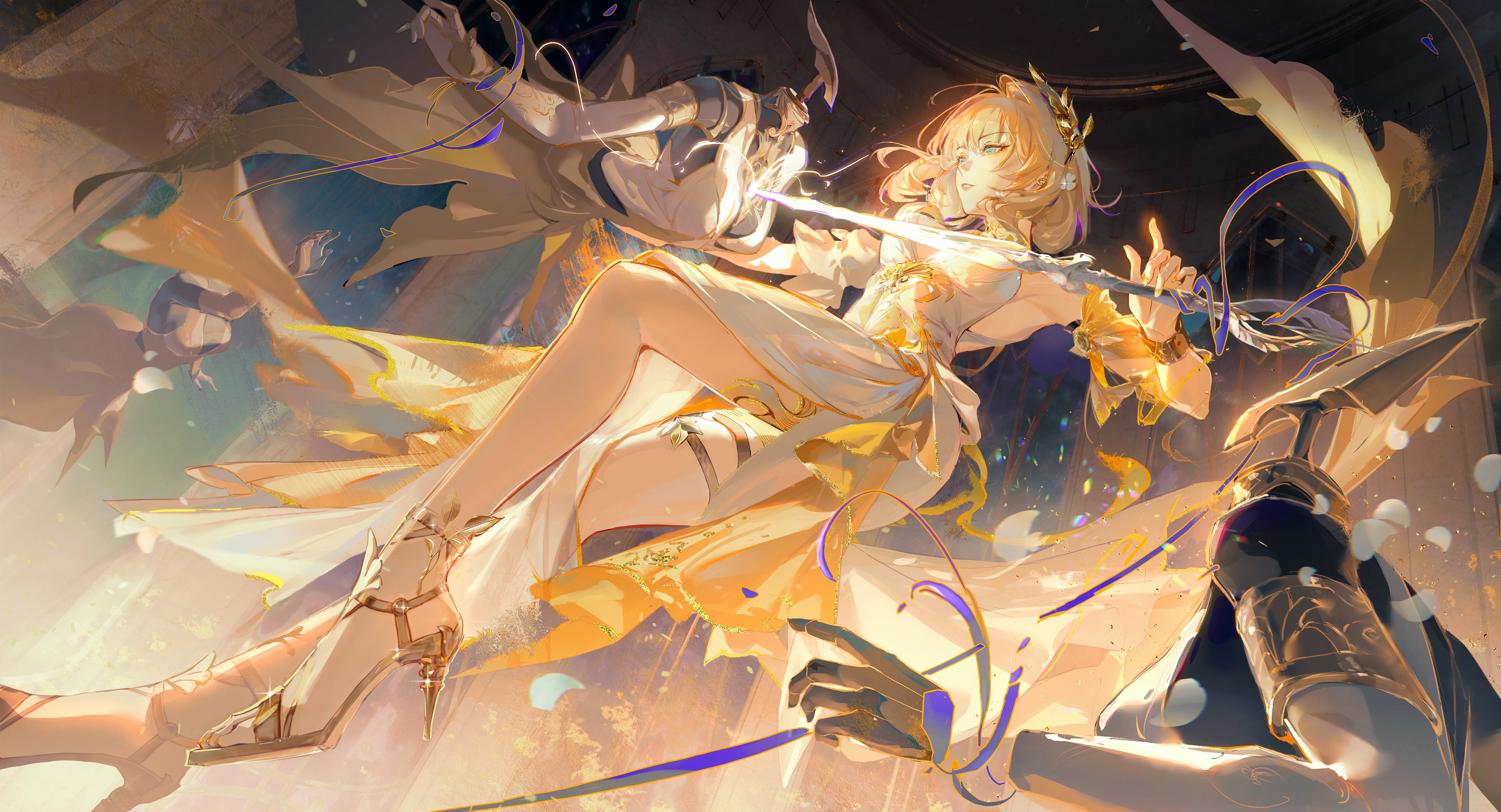 a digitally painted image depicting a woman with blonde hair, fair skin, and dressed in a white and gold gown. she is wielding a sword and is posed in a dynamic action stance. she is wearing golden sandal heels with a thigh strap on one leg. behind her is what appears to be a figure in armor. the overall aesthetic is fantasyinspired with light and dark contrasts, accentuated by gold and blue details.