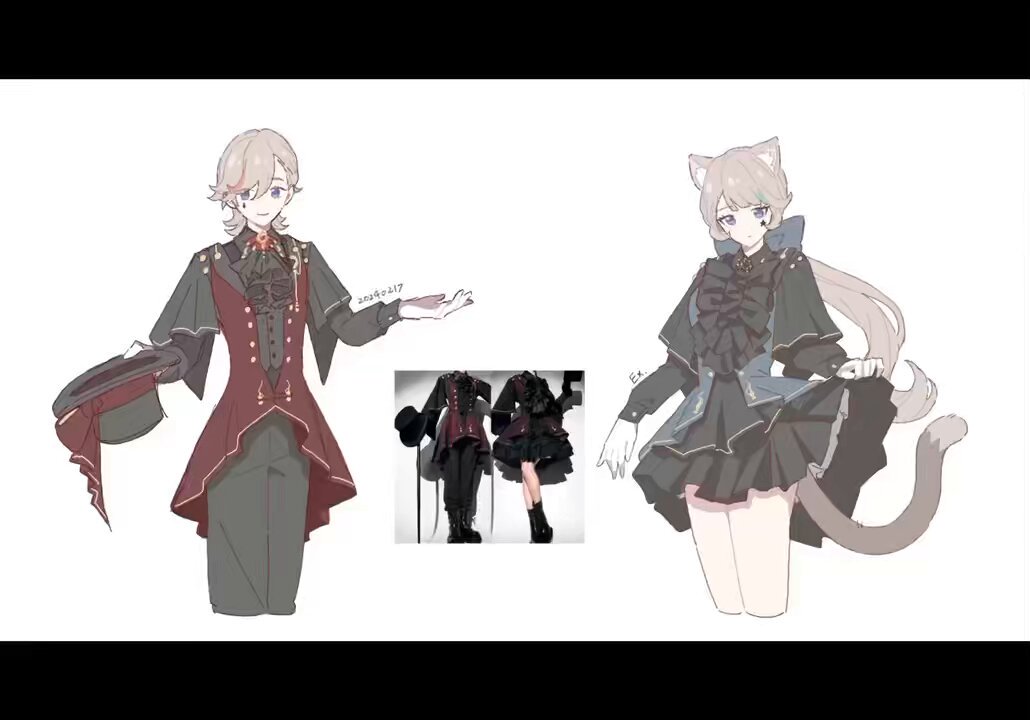 the image presents two distinct anime character designs and accompanying outfit concepts.  on the left is a male character in a dark,  steampunkinspired outfit featuring a red and gray waistcoat, a top hat, and a long cloak.  a smaller image showcases a potential alternative outfit for this character, more aligned with goth lolita style. on the right is a female character dressed in a dark gothic lolita style outfit, complete with cat ears and a tail.  both designs are meticulously detailed, featuring careful rendering of clothing textures and accessories. the style is soft and somewhat cute,  combining dark elements with graceful lines. the overall impression is one of elegant yet slightly whimsical character design work.