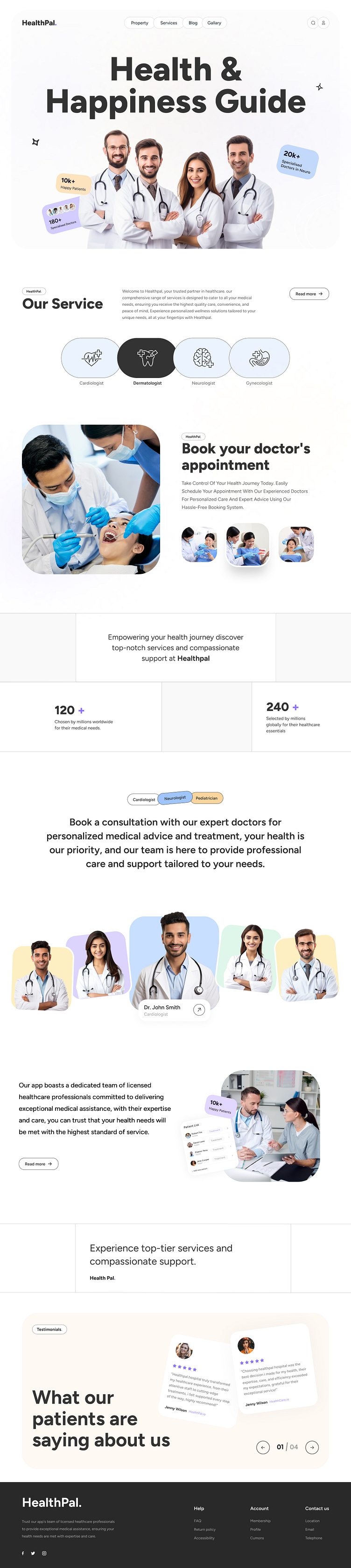 the image is a website screenshot for a healthcare service called "healthpal". it features a modern, minimalist design with a focus on providing health and happiness guidance. the homepage showcases the company's services, including booking doctor appointments, consulting with expert doctors, and testimonials from satisfied patients. the website also highlights the commitment to providing personalized care and support tailored to individual needs.
