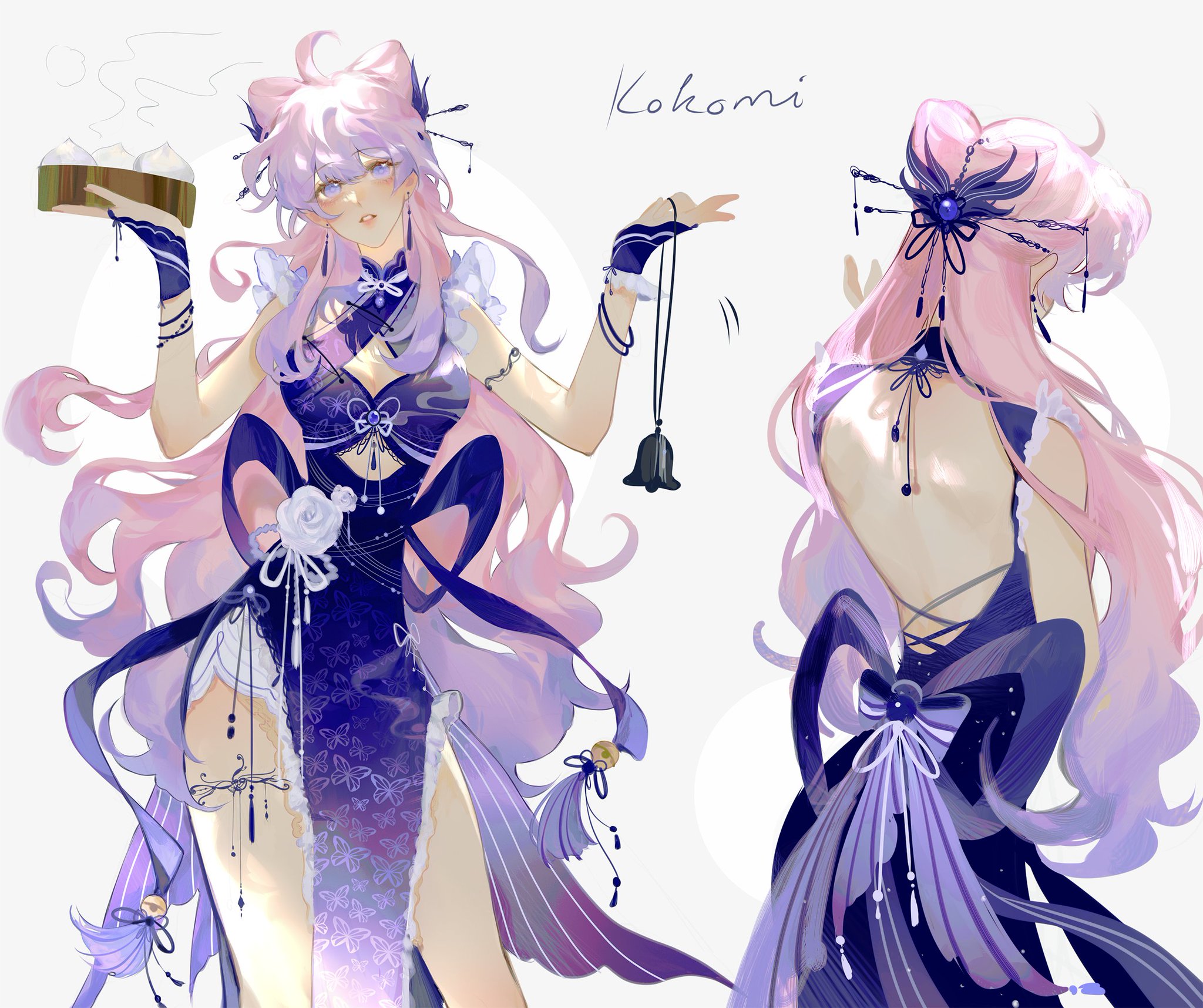 the image is a piece of fanart depicting kokomi, a character from the popular game genshin impact.  the artwork showcases her in a beautiful, stylized purple and blue qipao (or cheongsam), a traditional chinese dress. the artist has captured her in both a front and back view, highlighting the intricate details of her outfit and long, pink hair.  she is holding a plate of what appears to be steamed buns in one image and holds a dangling bell in another.  the overall style is soft, elegant, and suggestive of a fantasy setting, typical of anime and mangainspired art.  the pastel color palette adds to the dreamy and ethereal quality of the artwork.