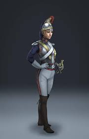a woman dressed in a military uniform, with a red helmet and gold trim, holding a sword, stands against a gray background. she is wearing white pants, red and gold trimmed boots, and a white shirt with a red collar. the woman is looking forward.