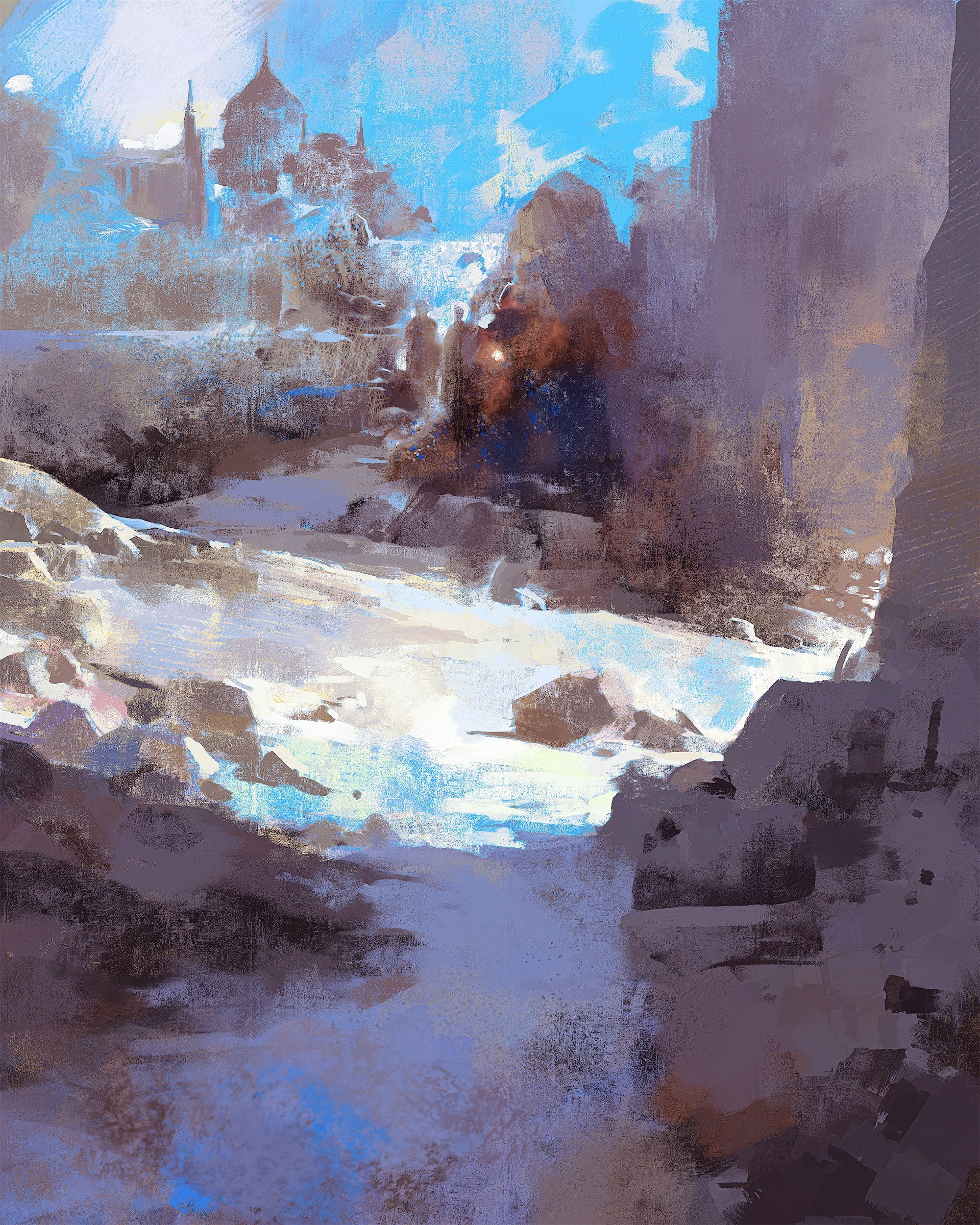 this painting is a digital artwork in a fantasy style that showcases a cityscape nestled between towering mountains. the city is depicted with abstract strokes and muted colors, creating a dreamlike atmosphere. the foreground features a stream of water flowing between large rocks, all painted in vibrant blues and purples.  the sky is a hazy blend of blue and white, suggesting an ethereal, almost magical quality.