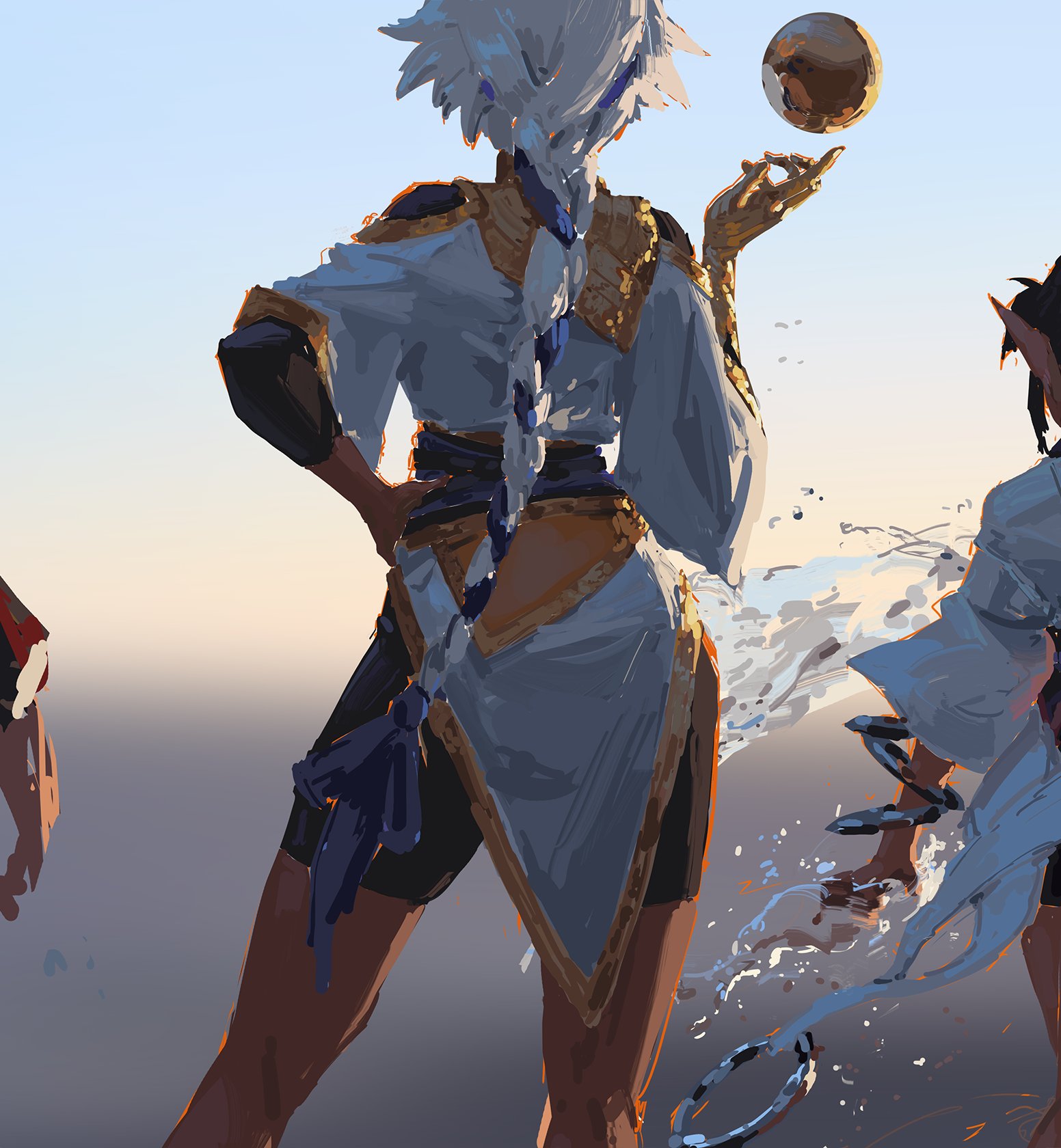 the image is a digital painting depicting three characters, predominantly focusing on a central female character with long white braids and a flowing, partially translucent light blue and gold outfit.  she is shown from behind, holding a golden orb aloft in one hand.  her attire suggests a blend of athletic and ceremonial clothing. two other figures—one male, partially visible on the left; and another male, partially visible on the right—are less detailed and appear to be involved in some kind of actionpacked event possibly near the water judging by the water splashes, as their robes seem wet and dripping. the overall style is reminiscent of fantasy art with anime influences, and the background hints at a beach setting during sunset. the art style is loose and painterly, prioritizing mood and expression over intricate details.