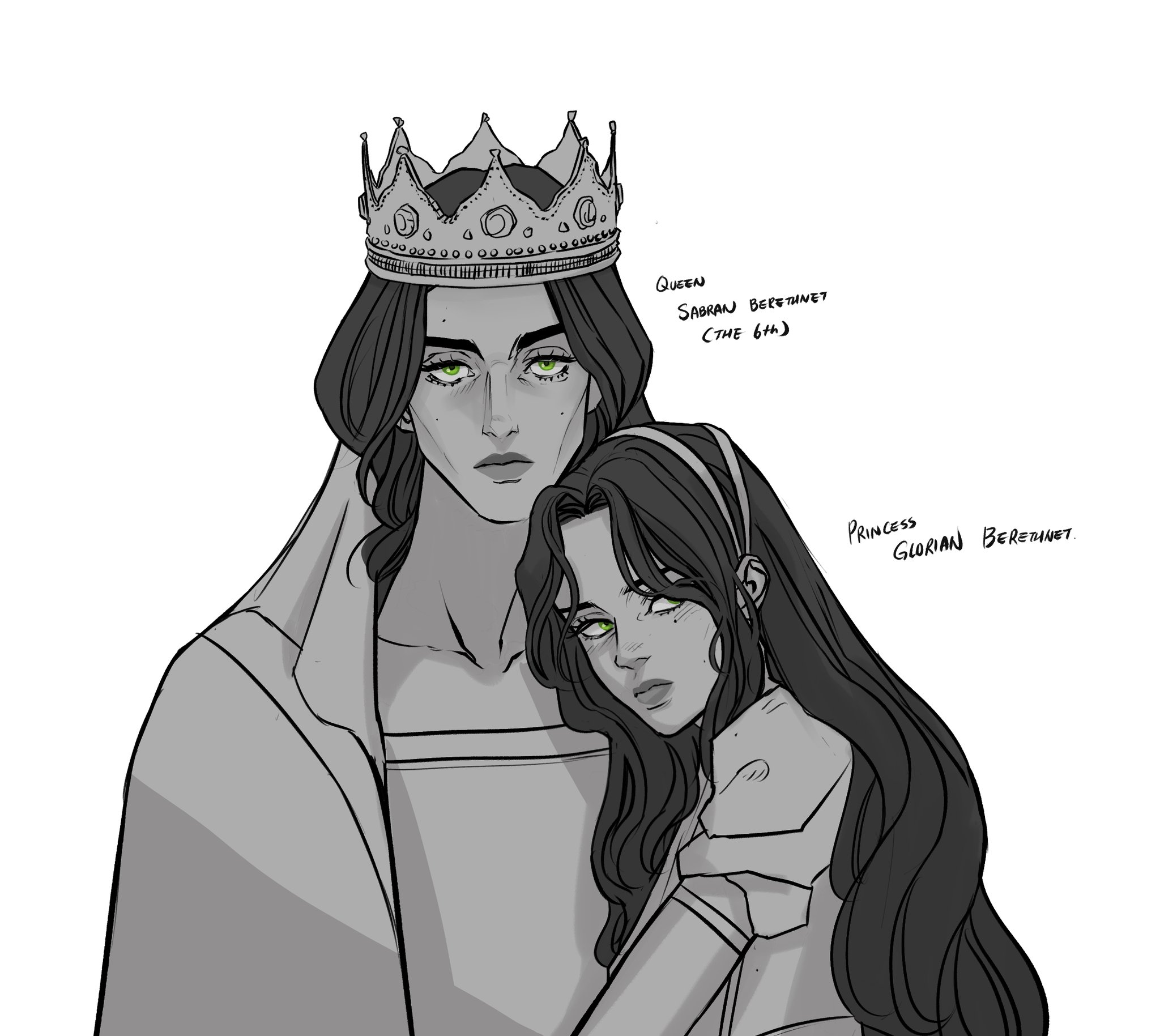 an illustration of queen sabran berethenet (the 6th) and princess glorian berethenet. the queen is wearing a crown and is standing behind the princess, who is leaning into her. both have long dark hair and green eyes.