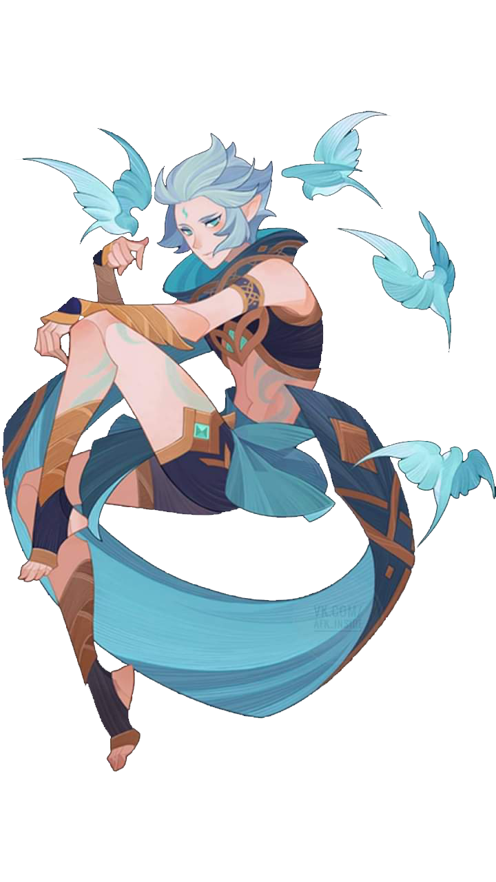 a digital illustration of xiao, a male character from the video game genshin impact. he is depicted in his signature outfit, featuring teal and gold accents, with his hair styled in its distinctive updo. he is surrounded by small, stylized birds in a pale blue hue, evoking his association with the element of anemo.  the background is black, which emphasizes the character and the soft lighting.