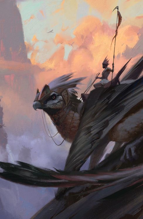 a fantastical illustration depicts a birdlike creature, possibly a griffin or another mythical avian, soaring through the sky. the creature is ridden by a humanoid figure, who is holding a spear or a similar long, thin weapon. the background consists of a cloudy sky with hints of orange and pink, and a towering mountain or rock formation. the creature has large wings and feathers, and is wearing a headpiece or some form of armor. the artwork is painted in a style that evokes a sense of wonder and adventure, typical of fantasy illustrations.