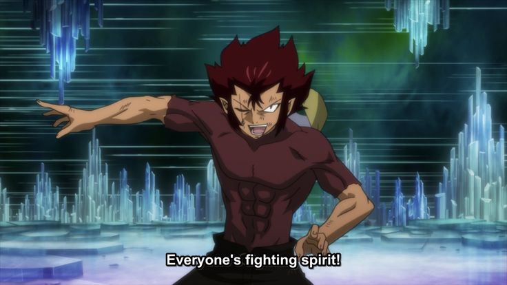 the image shows a muscular male anime character with red hair. he's standing in front of a blue, crystallike background, his right arm stretched out in a powerful pose. his expression is determined and resolute, as if he's ready to face any challenge. the text below him reads "everyone's fighting spirit!" this image evokes a sense of action, power, and determination, common in anime and fantasy narratives.
