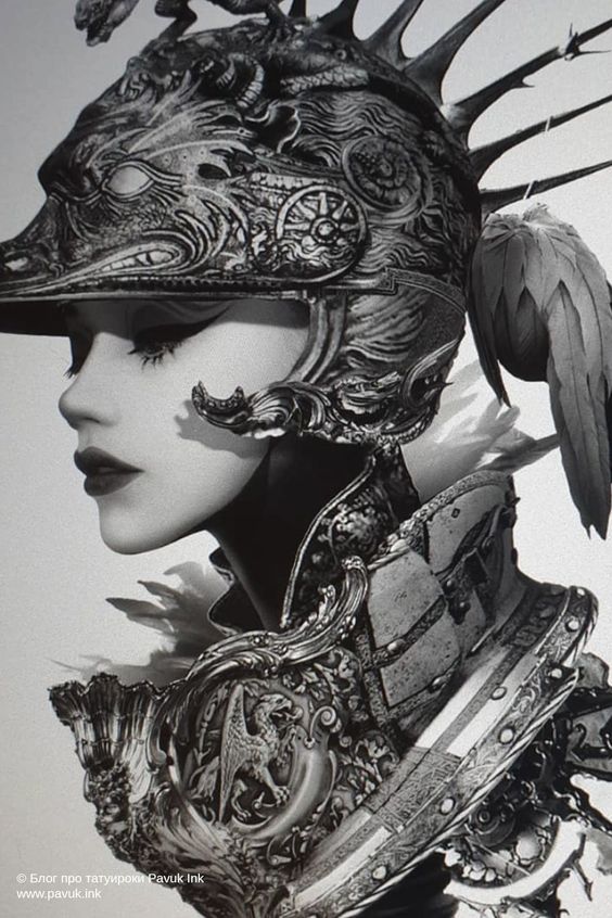 the image is a black and white drawing of a woman wearing ornate armor and a helmet. the helmet is decorated with feathers, and the armor has intricate details. the woman is looking to the left, and her expression is serious. the drawing is highly detailed and has a soft lighting effect. the overall style of the image is dark and fantastical.