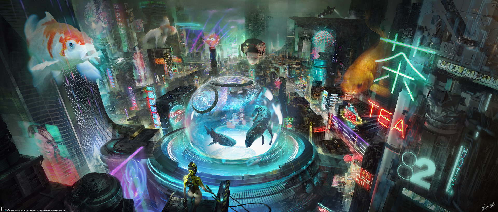 the image is a vibrant and detailed digital painting depicting a futuristic cyberpunk city. the scene is bustling with activity, showcasing towering skyscrapers adorned with neon signs in various languages, including japanese characters indicating a "tea" shop and a hotel.  koi fish and whales are visible, seemingly in floating transparent enclosures or holographic projections amidst the city's intricate network of buildings and vehicles.  a cyborglike android figure is seen observing the scene. the overall color palette is neonrich, utilizing blues, greens, purples, and pinks to create a visually stunning and immersive environment. the style is a blend of cyberpunk and asian aesthetics, resulting in a high level of detail and complexity. the image evokes a sense of wonder and perhaps a hint of mystery.