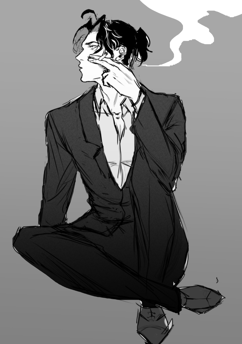 a handdrawn sketch of a man in a suit, sitting with his legs crossed and smoking a cigarette. the man is looking off to the side, his expression serious. the drawing is done in black and white.
