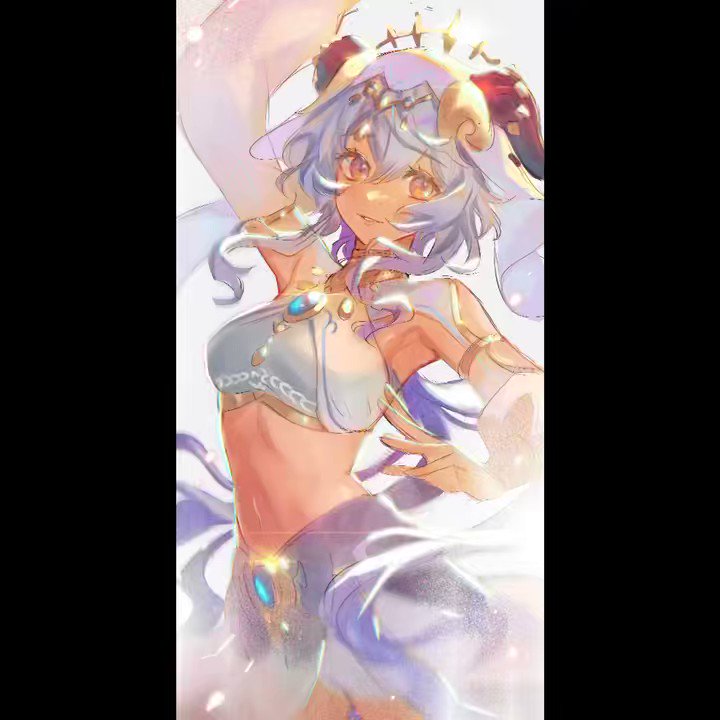 a beautiful anime girl with long white hair, wearing a white and gold dress, is floating in the air surrounded by sparkles and clouds. her hair is flowing in the wind and she has a dreamy expression on her face. this is a digitally painted piece of artwork, possibly fanart.