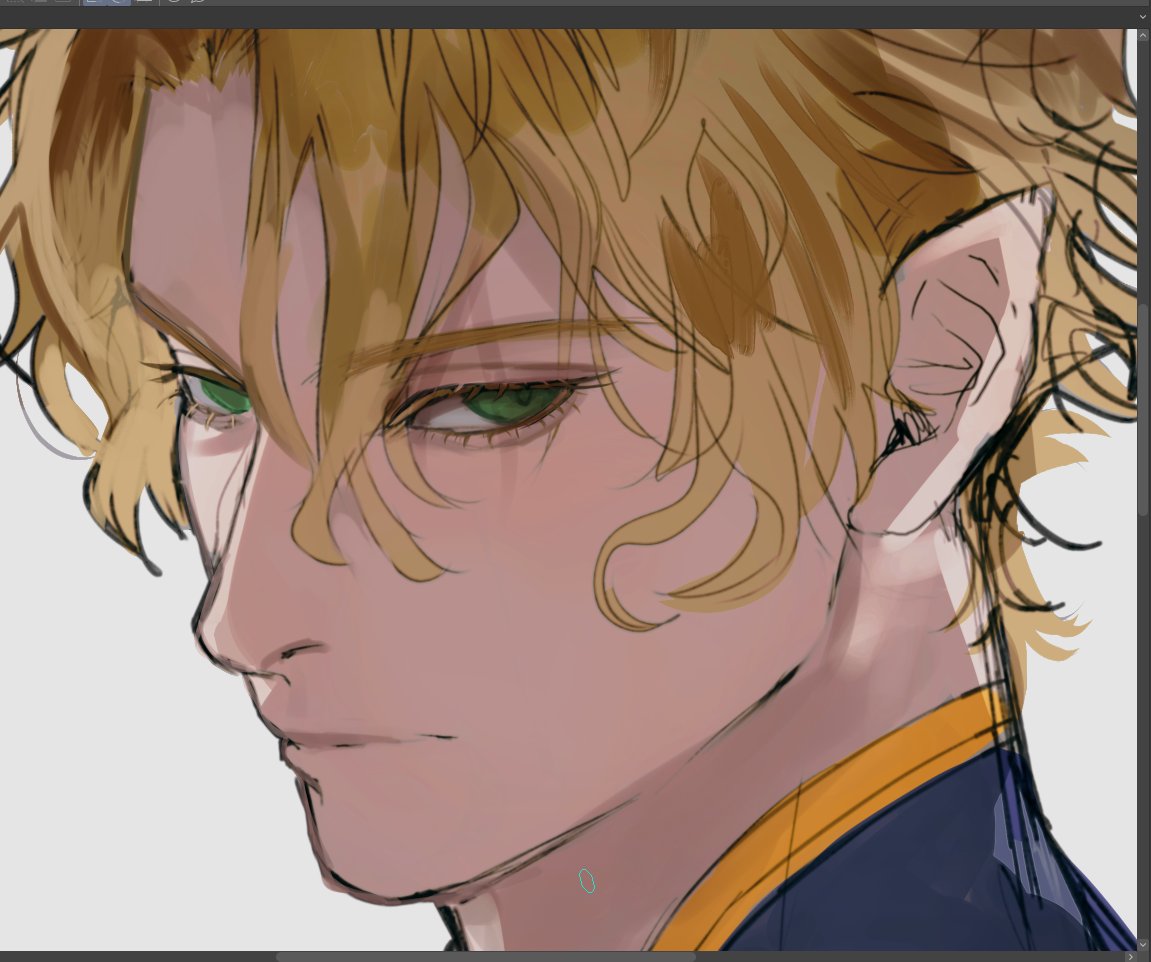 a closeup portrait of an anime character with blonde shoulderlength wavy hair. the character has light skin, a sharp jawline, and green eyes with dark blue and orange highlights on the top of the collar of his shirt. the background is a white, which emphasizes the characters face and hair. the image is a digital illustration.