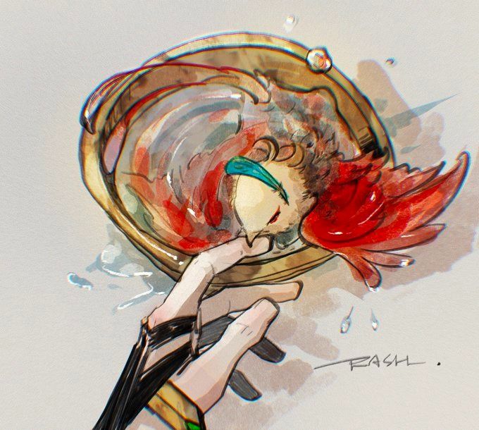 the image is a digital painting in a style reminiscent of watercolor, depicting a fantastical bird, possibly a phoenix, resting in a golden bowl filled with water. the bird is primarily red and orange with teal accents on its head.  its feathers appear soft and slightly wet. a hand, adorned with dark bracelets or bands, gently holds the bowl. the overall aesthetic is ethereal and delicate, with a soft color palette and loose brushstrokes. water droplets are subtly depicted around the bowl, enhancing the sense of wetness. the artist's signature, "rash," is visible in the bottom right corner. the scene evokes a sense of tenderness and care.
