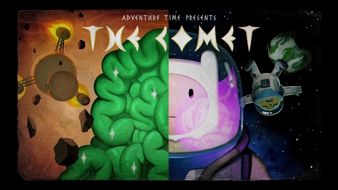 the image is a stylized movie poster for an adventure time episode titled "the comet". it features finn the human on the right side of the image, wearing a spacesuit and glowing purple. on the left side is a green comet with a brainlike texture. in the background, there is a planet being hit by meteors, and jake the dog can be seen in a small spaceship. the title "adventure time presents: the comet" is written in a stylized font at the top of the image. the overall style of the image is dark and mysterious, with bright, contrasting colors.