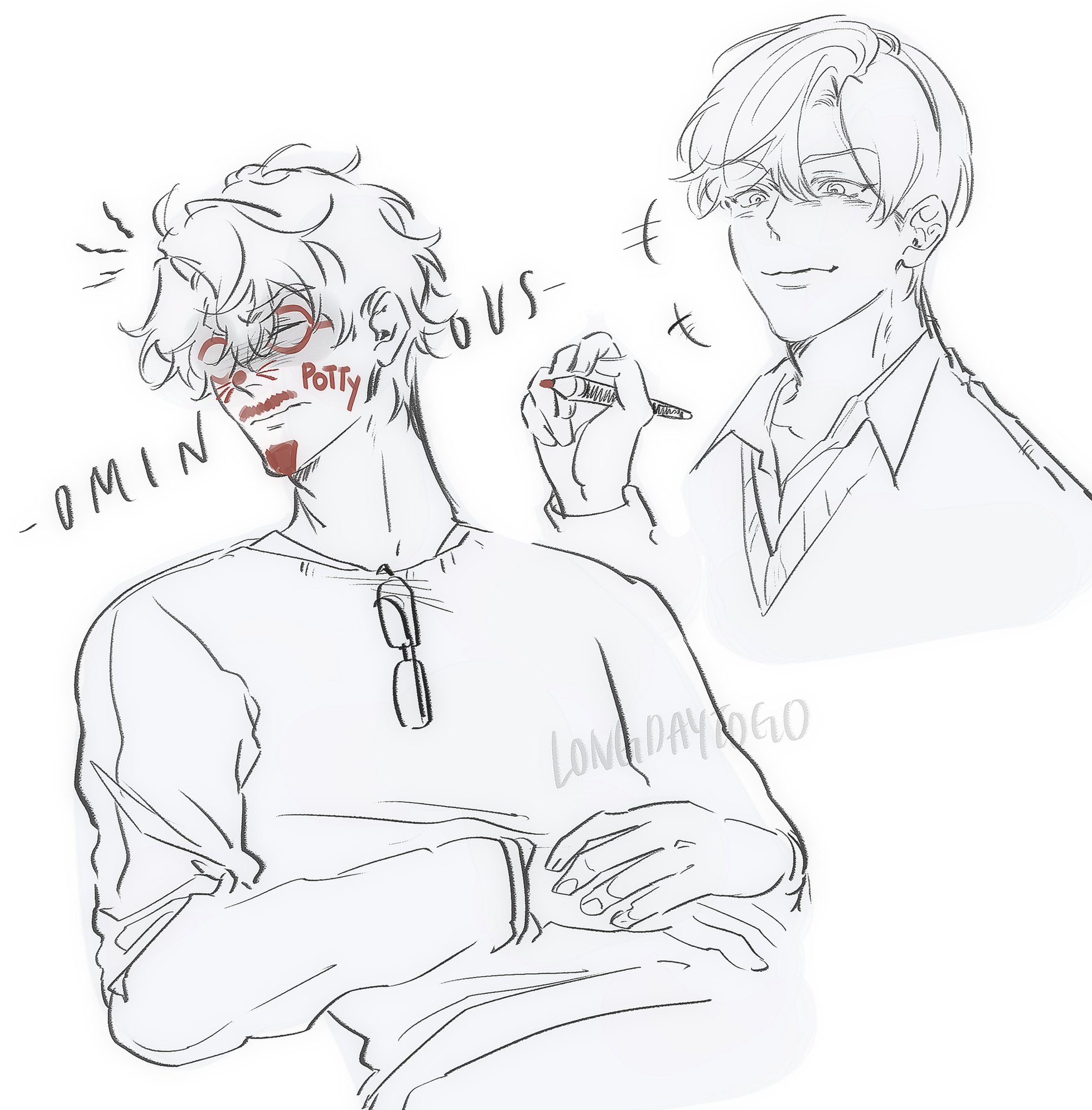 the image contains a sketch of two animestyle male characters. one character has short, slightly wavy hair and is wearing a longsleeved shirt. the other character has shorter, smoother hair and is wearing a collared shirt.  the second character is depicted in the act of playfully drawing or writing red markings on the face of the first character. the first character has the words "ominous" and "potty" written on his face in red. the overall style is loose and expressive, typical of a quick sketch or doodle. the background is plain white.