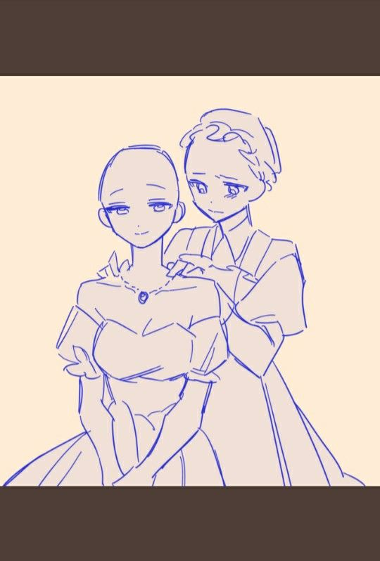 the image is a simple drawing of two anime characters, a woman with her arm around a girl. they appear to be friends, and the woman is gently adjusting the girl's necklace. the drawing is done in a soft, light blue color and conveys a feeling of tenderness and affection. the characters are smiling and their expressions are relaxed and sweet. the drawing is simple but charming and evokes a sense of friendship and happiness.