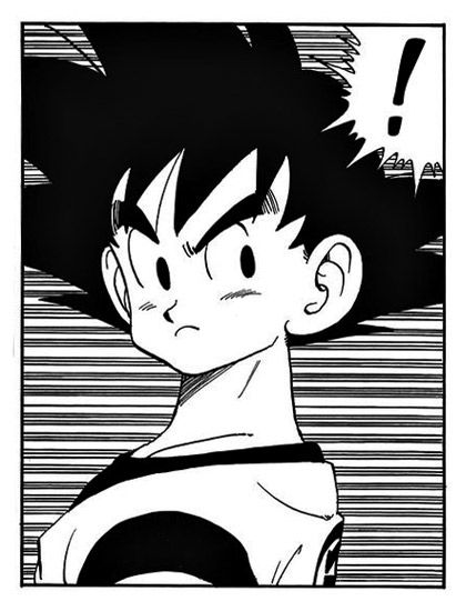 a black and white manga drawing of goku from dragon ball, looking surprised with his mouth open and eyebrows raised.  he is wearing his signature gi.