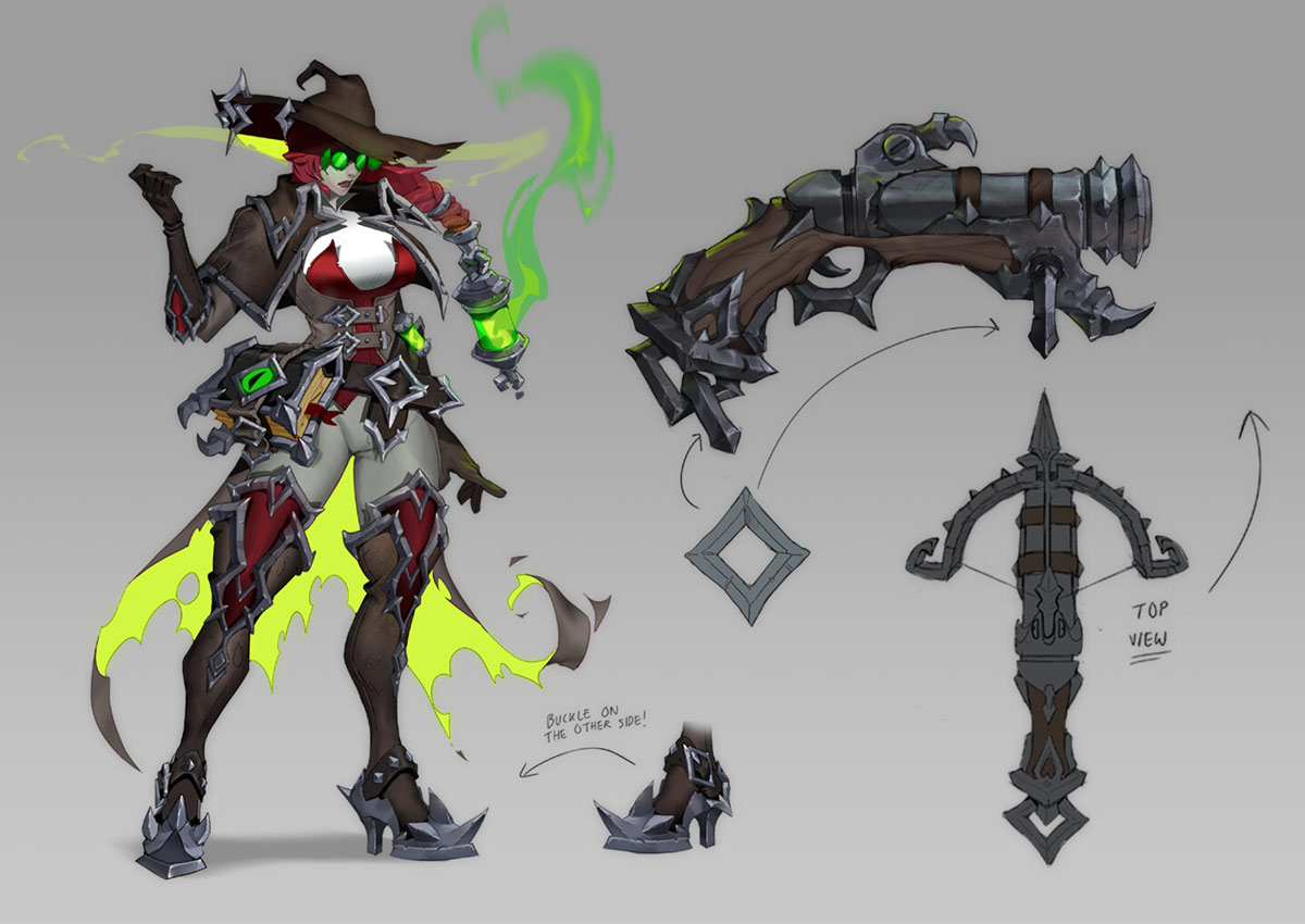a detailed illustration of a steampunk fantasy character, with an emphasis on the clothing, weapons and detailed design.  a female character, clad in a black and red outfit, is shown with a green potion in one hand and a steampunk gun in the other. she is also wearing a black hat and green glasses and has green smoke behind her. the illustration includes detailed views of her weaponry, including a topdown view of her crossbow and a perspective view of her gun. the illustration is in a dark and detailed style, with a focus on intricate details and rich textures.