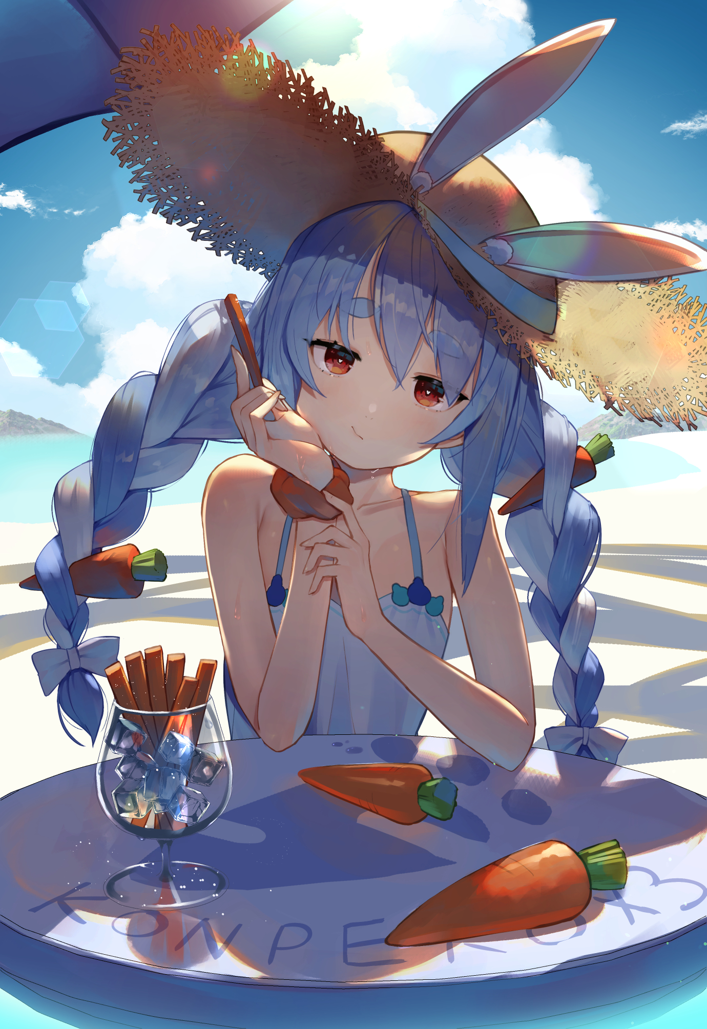 the image shows an anime girl with long blue braided hair adorned with carrots. she's wearing a straw hat with rabbit ears and a light blue swimsuit. she is sitting at a table outdoors on a sunny beach, with a glass of ice and some french fries and carrots on the table. the overall style is cute and colorful, typical of anime illustrations. the background features a bright blue sky with fluffy white clouds and hints of a sandy beach and ocean.