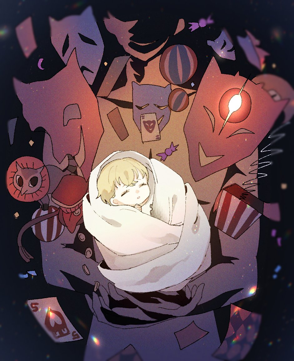 the illustration depicts a mysterious figure, possibly male, shrouded in darkness and partially obscured by multiple masks, holding a swaddled baby. the figure is surrounded by various carnivalesque items like balls, playing cards, and candies, creating a whimsical and slightly surreal atmosphere. the baby appears peaceful and asleep. the overall style is soft yet mysterious, evoking a sense of hidden secrets and protective guardianship. the color palette is muted with warm and cool tones intertwining, adding depth to the composition. the image has an animelike quality to its characters and style.