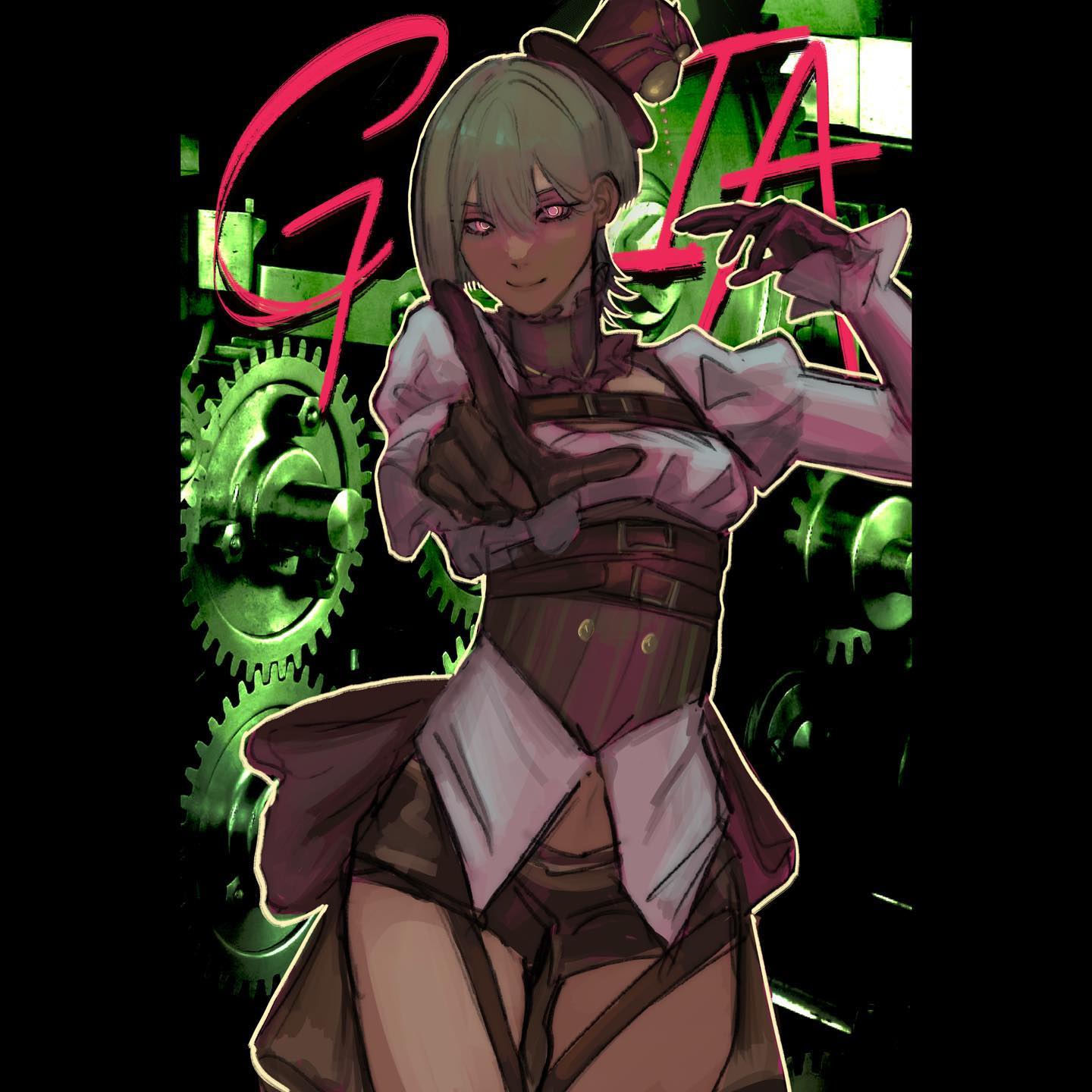 an anime girl with green hair and a black hat is standing in front of a large gear. she is wearing a pink and white outfit with brown and black accents. she is looking at the viewer with a serious expression.