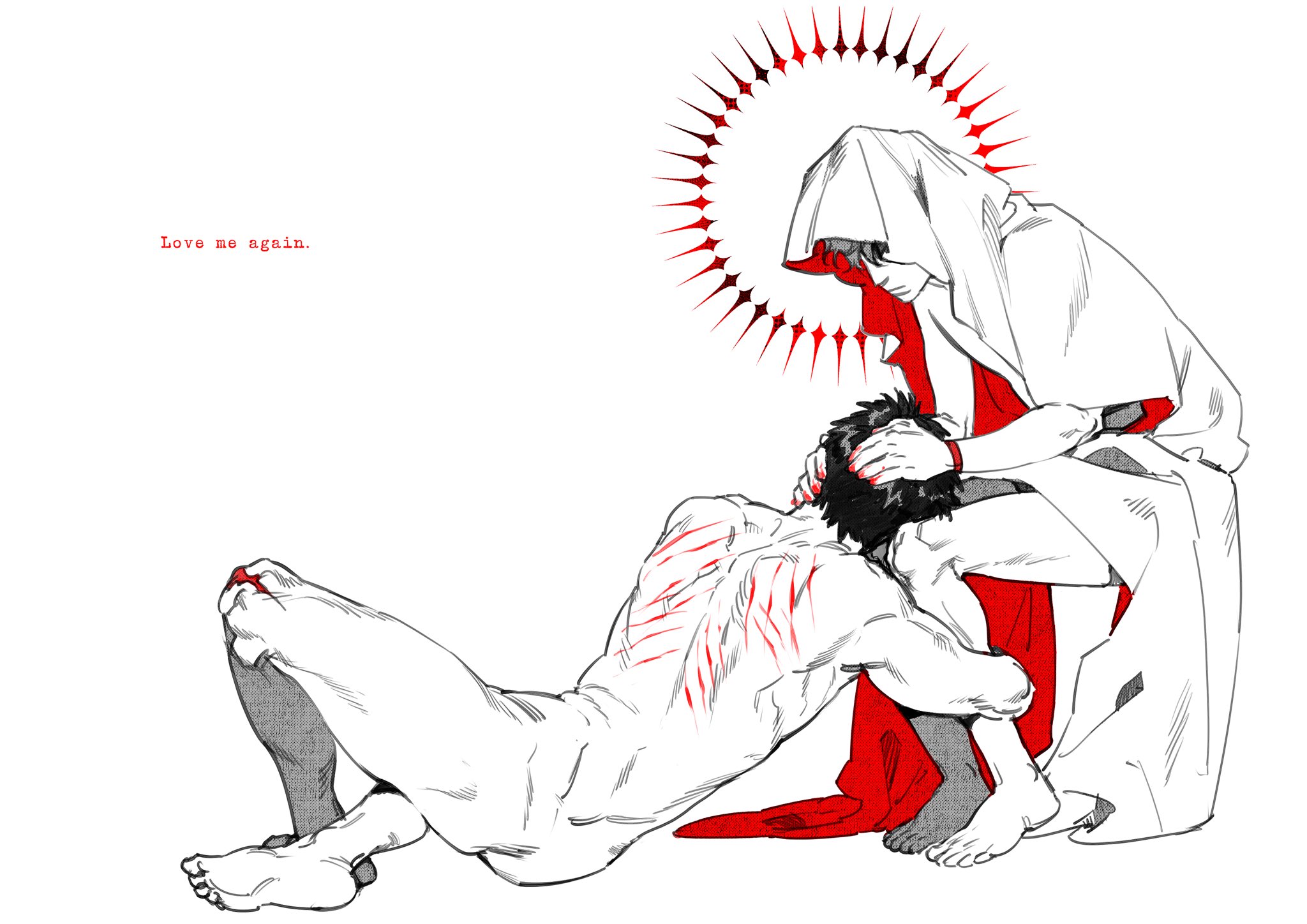 the image depicts a man kneeling on the ground, his back covered in red, bloody wounds. a figure in a white hooded robe, with a red halo, is kneeling on his back, their hand placed gently on his head. the image is likely a representation of pain, suffering, and forgiveness. the blood on the man's back may symbolize wounds inflicted by others, while the halo and the figure's touch may represent divine love and healing. the contrast between the black and white lines and the vivid red highlights the intense emotions of the scene. the overall message of the artwork seems to be one of redemption and hope, suggesting that even in the midst of pain and suffering, there is the possibility of love, forgiveness, and healing. the use of religious imagery and symbolism adds depth and meaning to the artwork, suggesting a connection to spiritual and theological themes. the figure's presence may represent a divine intervention, offering comfort and solace to the suffering man. the image evokes a sense of both sorrow and hope, highlighting the human condition and the potential for transcendence through faith and love.
