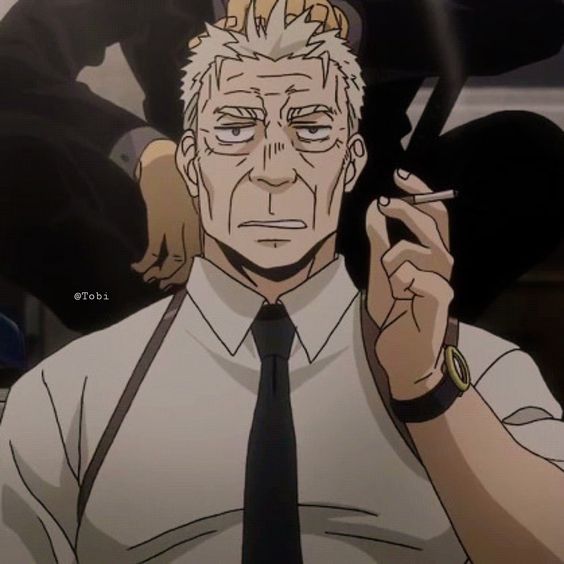 this is a portrait of an older man with short gray hair, wrinkles, and tired eyes. he wears a white buttonup shirt with a black tie and a brown holster under his left arm. he holds a cigarette between his index and middle finger on his right hand, and has a watch on his left wrist.  he appears serious. he is likely a passenger on public transportation, as the background suggests the inside of a train.