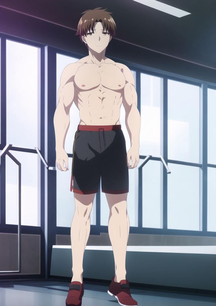 the image shows a young, fit, anime man with brown hair standing in a locker room. he is shirtless, showcasing his muscular physique, and is wearing black athletic shorts with red and gold trim. he has a neutral expression on his face, and his body is positioned straight, giving the viewer a fullfrontal view. the setting appears to be a locker room or gym, as indicated by the lockers and benches in the background. the lighting is primarily artificial, illuminating the man and casting soft shadows around him.
