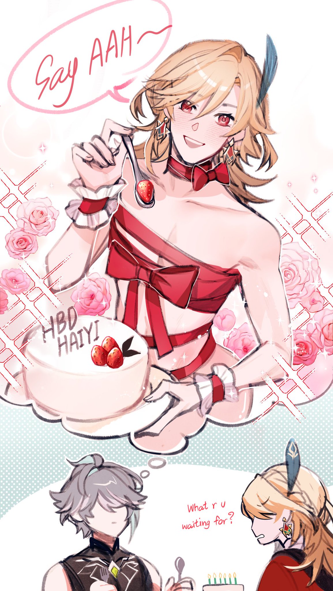 this image features two anime characters celebrating a birthday. one is a girl with long blonde hair wearing a red and white dress with a bow. she's holding a plate of cake decorated with strawberries. she's smiling and seems happy. the other character is a boy with silver hair wearing a black and green outfit. he's looking at the girl with a small smile. he's holding a fork and a piece of cake. in the background, there are pink flowers and a speech bubble saying "say aah." this image is a cute and heartwarming representation of a birthday celebration.
