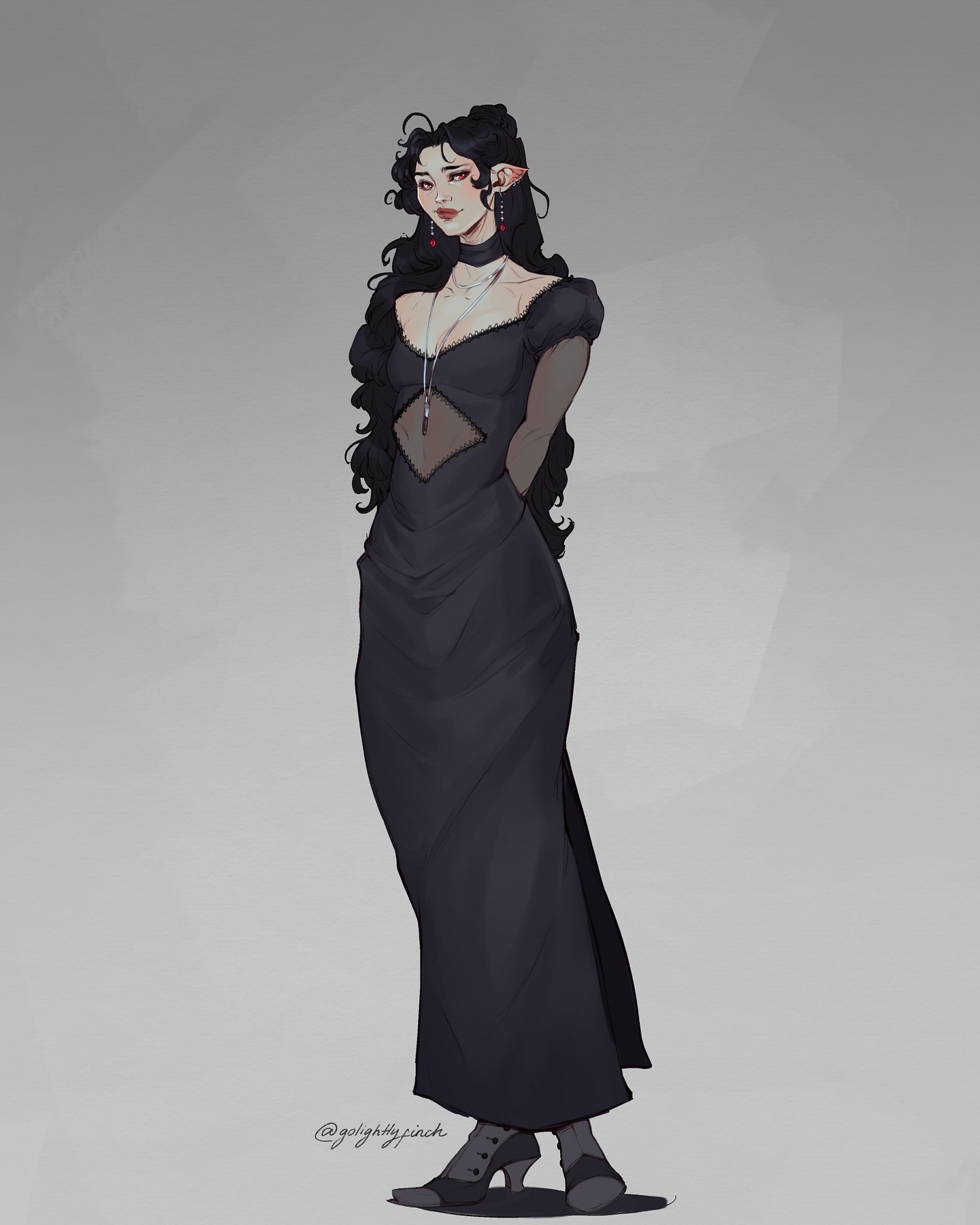 the image is a digital painting of a fantasy elf woman. she has long dark hair, fair skin, and is wearing a long black dress with a slightly gothic victorian style. the dress is formfitting and has a sweetheart neckline with a sheer panel.  she is also wearing a choker necklace and earrings.  she stands in a poised position against a muted grey background. the art style is soft and painterly, with attention to detail in the character's clothing and features.  the overall mood is elegant and slightly mysterious.