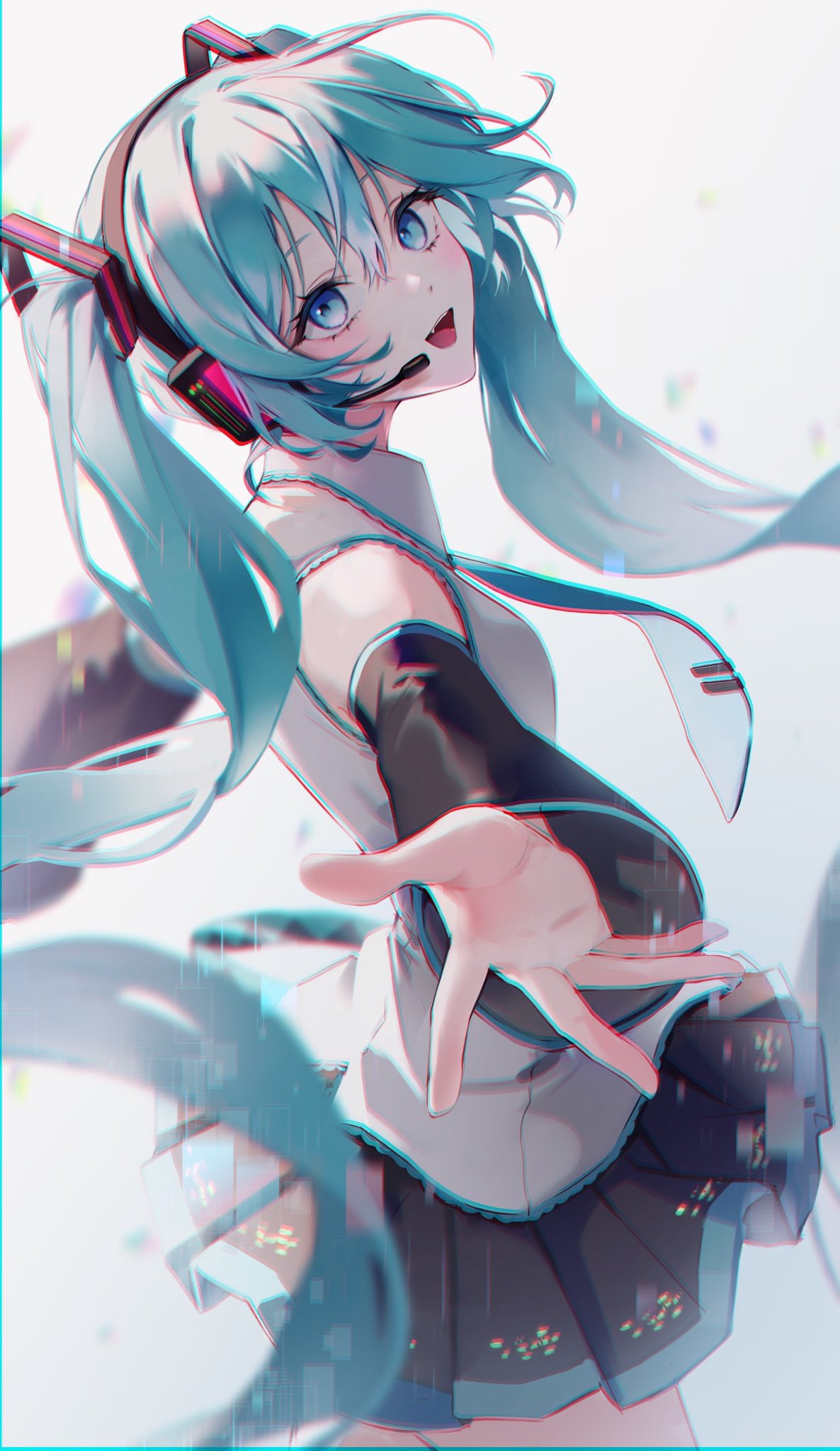 the image is a vibrant digital drawing or painting of hatsune miku, a popular vocaloid character.  she is depicted with her signature long, bright turquoise twintails, headphones, and a stylized outfit consisting of a white shirt and dark pleated skirt.  miku's expression is cheerful and playful, and she is reaching out with her hand towards the viewer. the art style is distinctly animeinfluenced, characterized by large expressive eyes, smooth lines, and a focus on color and detail.  a slight glitch or digital artifact effect is present in some areas of the image, adding to the overall dynamic aesthetic.  the background is a soft, light color that contrasts with miku's bright attire and hair, drawing attention to her.