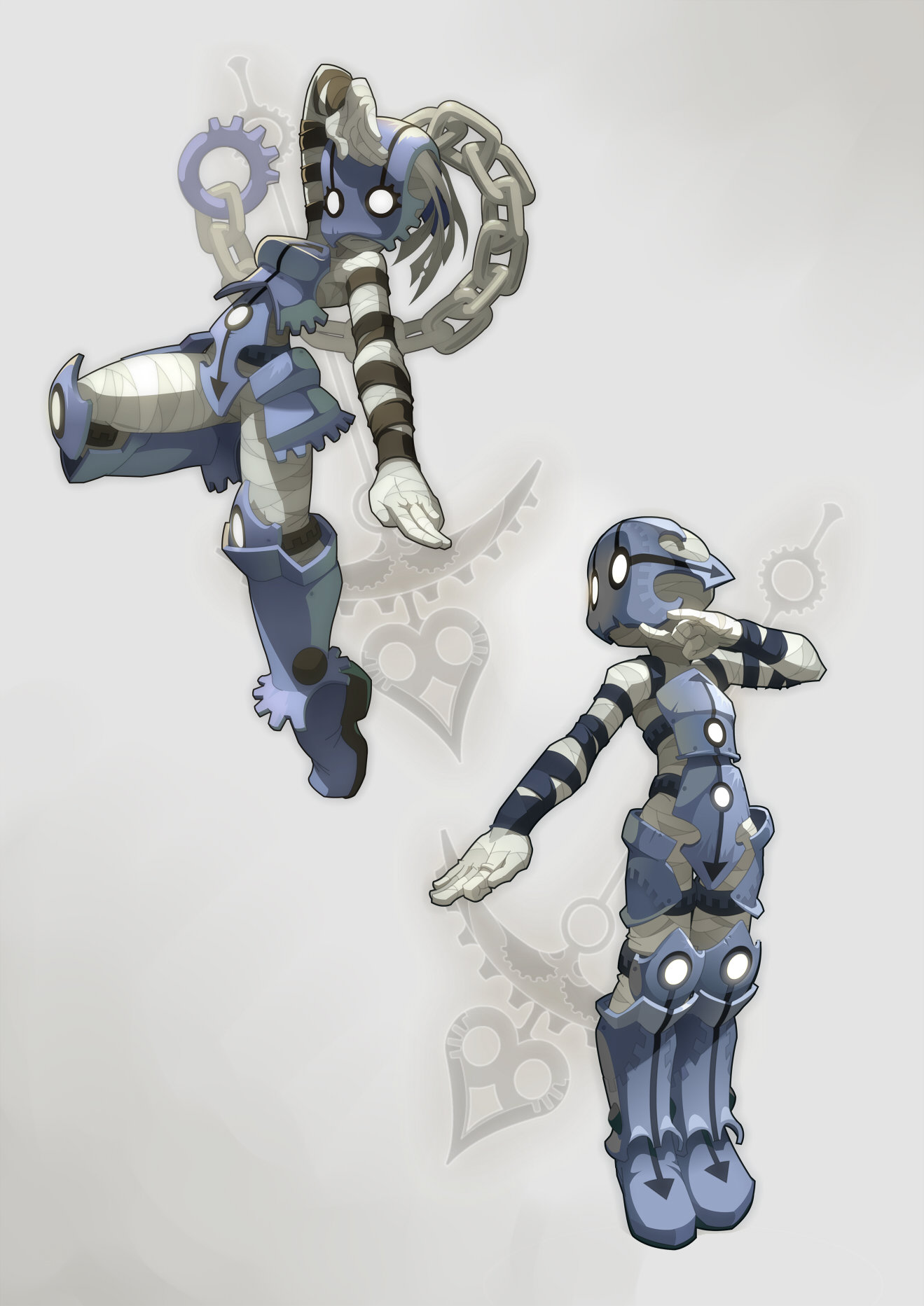 a digital illustration of two anime style robot girls. both girls are wearing blue and white suits with black and white stripes on their legs. the robot girl on top is in a more dynamic pose, with one leg bent and one leg extended forward, as if she is jumping or kicking. the robot girl on the bottom is standing with her legs together and one arm raised. both girls have black and white hair with white eyes and white gloves. the background is a grey color with black and white designs.