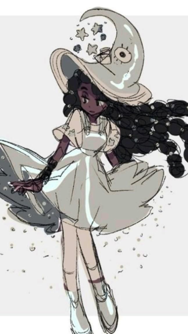 the image is a stylized drawing of a young darkskinned witch.  she wears a large, crescent moonshaped hat adorned with stars, a flowing white dress, and ankle boots. her long dark hair is styled in thick braids that cascade down her back. the overall style is whimsical and cute, with soft lines and a dreamy, ethereal atmosphere. the drawing is done in a loose, sketchy style, giving it a spontaneous and charming feel.  she appears to be gracefully floating or walking, with some dust or stardust around her.