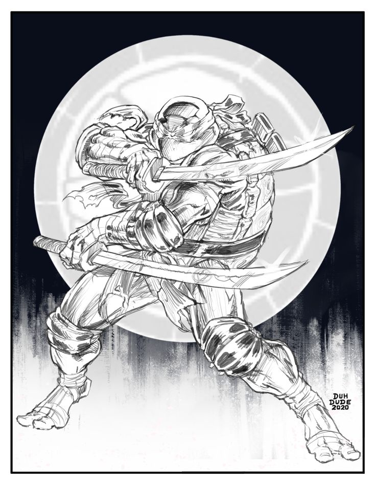 a black and white sketch of a ninja turtle wielding two katanas. the turtle is posed in a dynamic action stance, with his katanas drawn. the drawing has a comic book style and is set against a dark background.