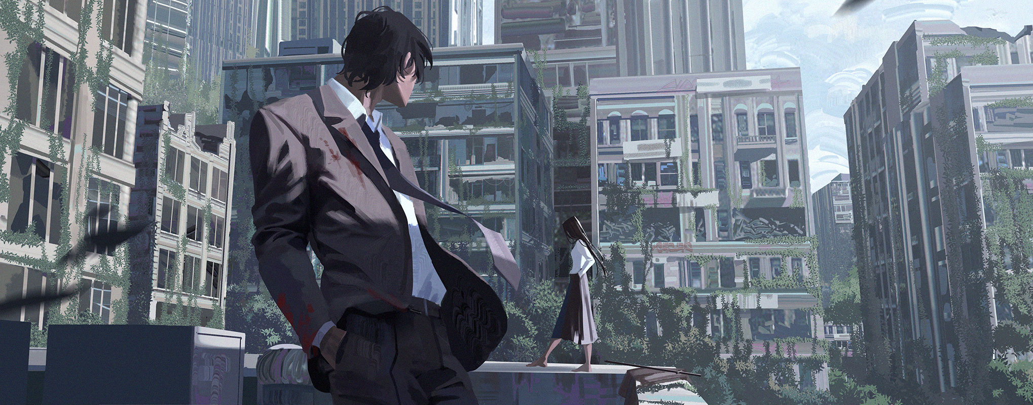 a man in a suit stands on a rooftop overlooking a city, looking at a woman who stands on a ledge in the distance. the city is covered in plants and vines, and has a grunge aesthetic. the city is a mix of grey and blue colors, with a shadowy mood.  the image is a combination of realism and stylized design.