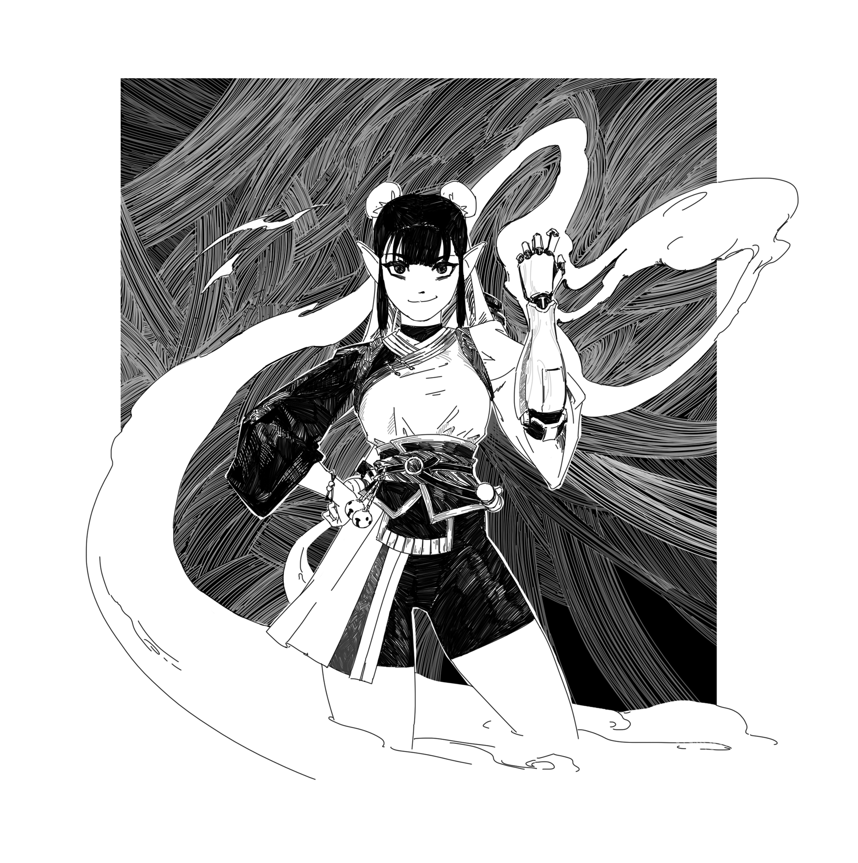 the image is a black and white ink drawing or illustration of a female anime/mangastyle character. she appears to be an elf or similar fantasy creature, with pointed ears and dark hair styled in buns.  she's wearing clothing that blends asianinspired elements (like a kimonostyle top) with futuristic elements, including a robotic or cybernetic right arm.  she has a determined or powerful pose, one hand raised.  the background is a dynamic, abstract swirl of lines that creates a sense of movement and energy. the overall style is detailed and expressive, with heavy use of line weight variation to create depth and texture.