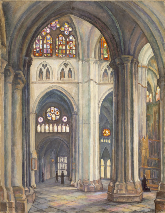 the image is a painting depicting the interior of a church or cathedral. arches and columns define the architectural space, with light streaming through stained glass windows, creating colorful patterns on the floor. there are several figures present, some walking in the background, and one kneeling in the foreground, possibly in prayer. the overall impression is one of grandeur and religious atmosphere.