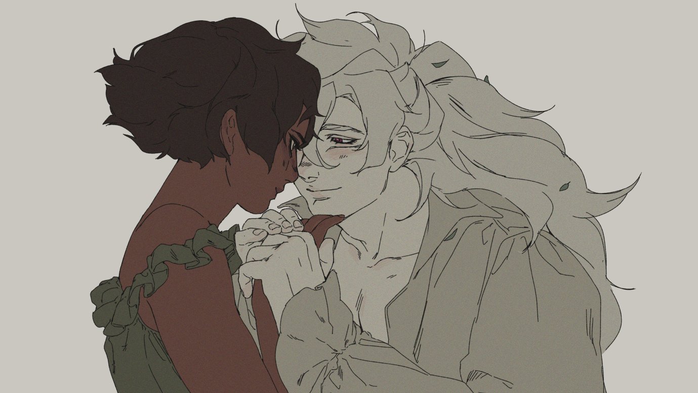 an illustration of an anime couple hugging and looking at each other lovingly. the woman has brown hair and is wearing a green dress with ruffles. the man has blonde hair and is wearing a white shirt. their hands are clasped together and their foreheads are touching. they are in a soft embrace, with the man's arm around the woman's waist. the background is a light gray. the art style is simple and clean, with a focus on the characters' expressions and poses. the drawing is very expressive and full of emotion.