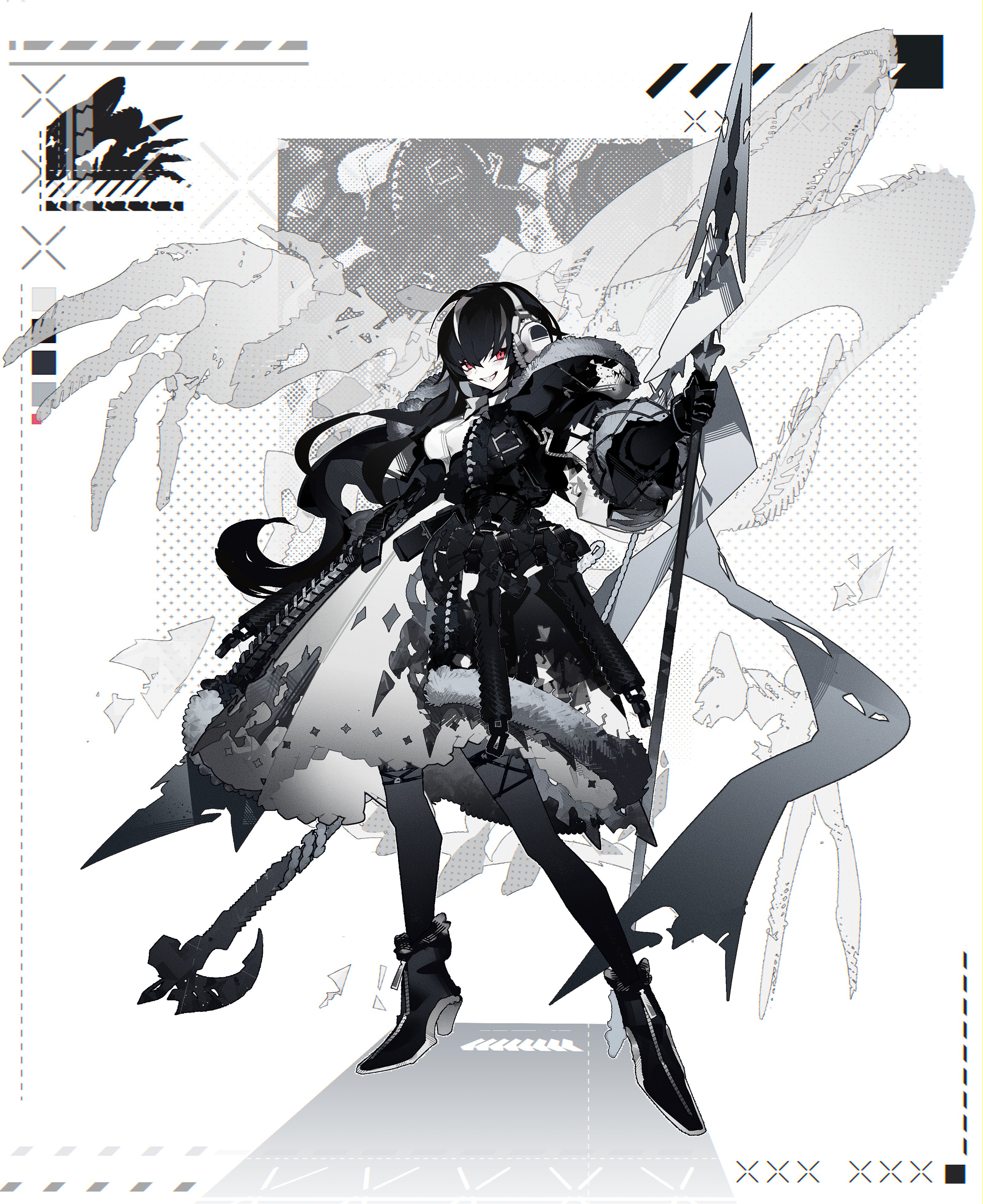 the image shows a female character with long black hair wearing a dark gothic outfit and headphones, holding a large spear.  the character is standing on a platform and the background is an abstract design with geometric shapes and a stylized spider graphic.  the overall tone of the image is dark and edgy.
