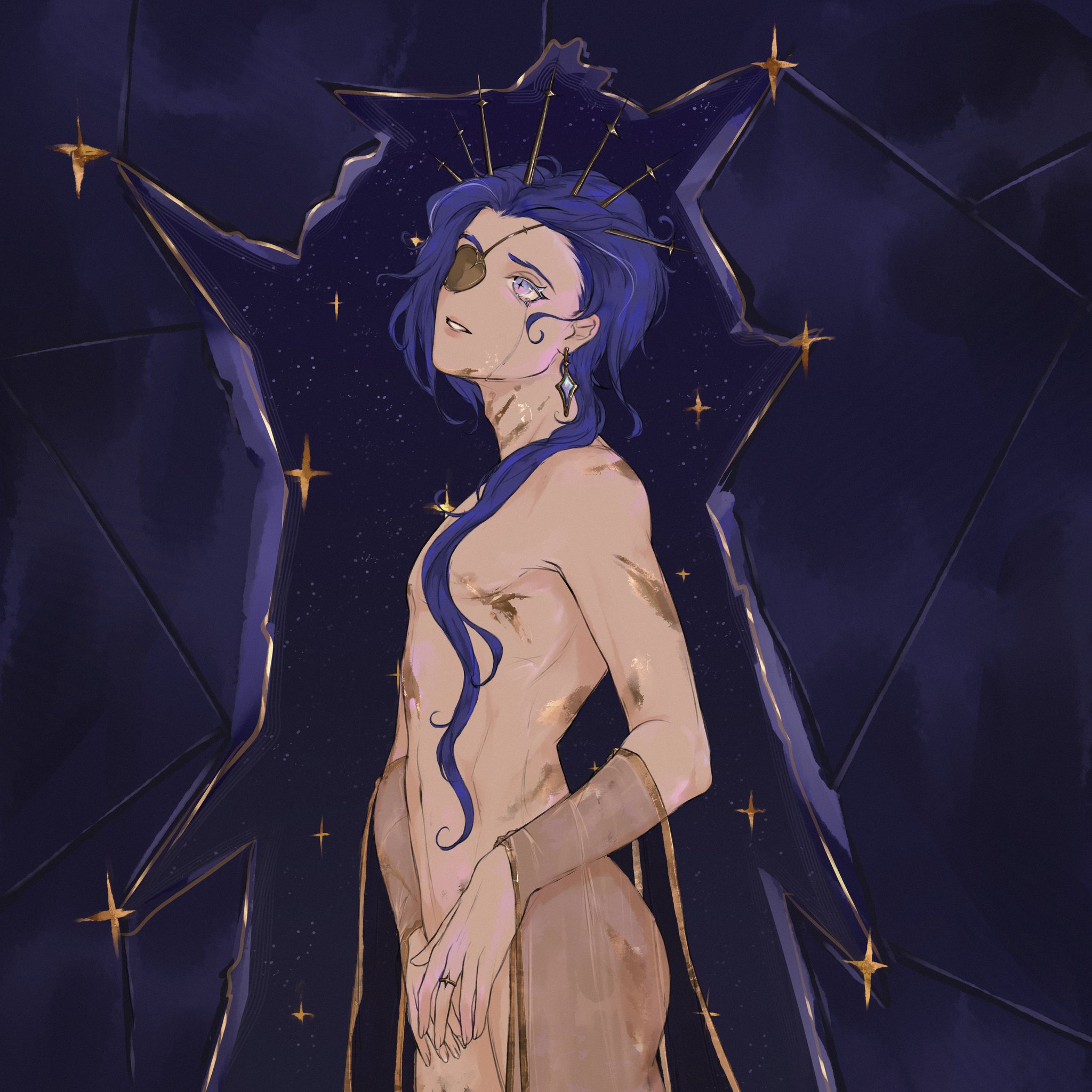 the illustration depicts a male character standing in the center, with long blue hair cascading down his back. he has a single eye patch covering his right eye, with a small gold earring dangling from his left ear. the character's skin is painted to appear bare, with golden accents and textures that resemble constellations and celestial bodies. the background is a swirling, dark blue sky dotted with glittering gold stars. the character stands with a pensive expression, surrounded by a cosmic aura.