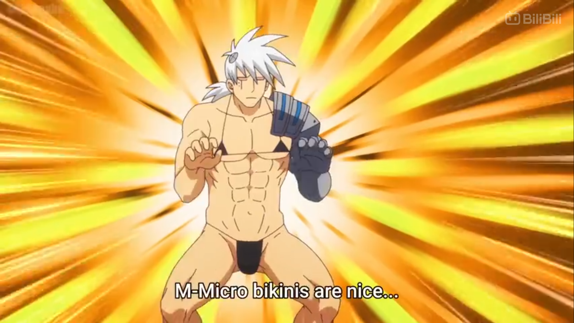 the image shows a muscular anime man with white hair wearing a very small black bikini, posing in front of an orange and yellow abstract background. the text "mmicro bikinis are nice..." is written below his chest.