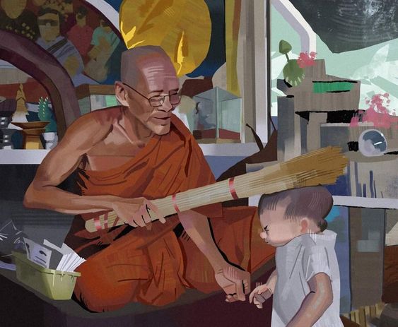 a bald monk in an orange robe sits on the floor holding a broom. a young boy in a grey shirt stands in front of him looking at the floor with a serious expression. the monk is holding the broom above the boy's head as he looks at him with a calm expression.