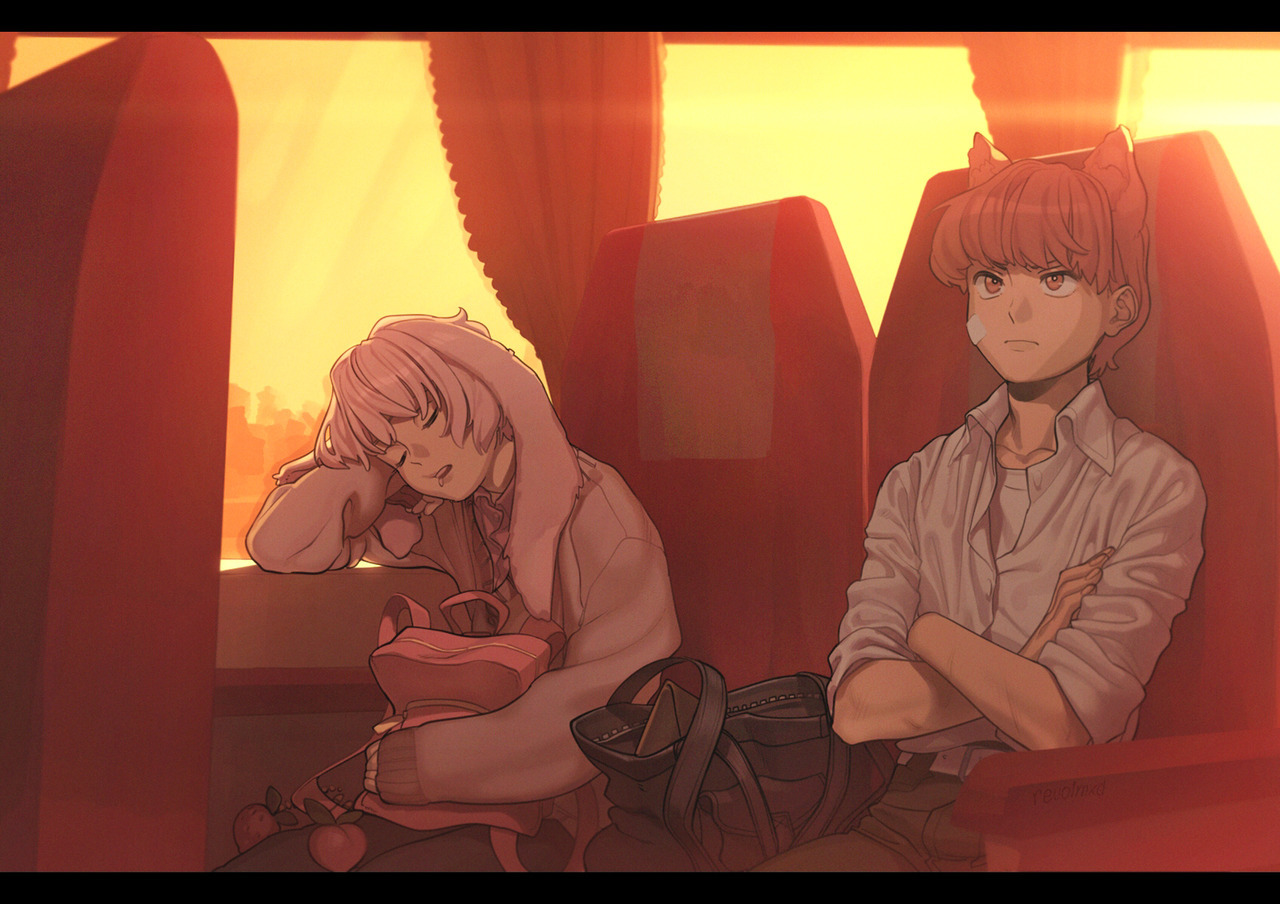 the illustration shows a young man and a young woman on a bus journey during sunset. the warm, golden sunlight streams through the windows, illuminating the scene with a soft, ethereal glow. the man, with short orange hair and a determined expression, sits with his arms crossed, while the woman, with short pink hair, peacefully sleeps leaning against the window.  the overall atmosphere is one of quiet intimacy and tranquility, capturing a fleeting moment of rest amidst a journey.