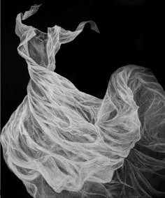this is a monochrome drawing of a white dress, that is flowing, swirling, and draped in a variety of ways. the dress is captured in motion as if it is dancing, with the curves and lines of the fabric highlighting the movement. the dark background provides a stark contrast to the white dress, which helps to create a sense of drama and depth. the overall feel of the drawing is ethereal and whimsical, suggesting a sense of lightness, grace, and beauty.