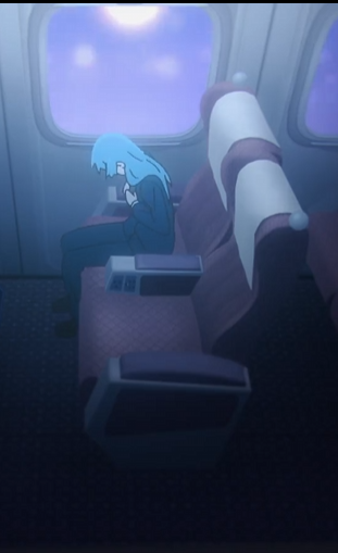 he image shows a young woman with blue hair sitting alone in an airplane seat, her head bowed as if she is sad or contemplative. the sun is setting outside the window, casting a dim, blue light inside the cabin. the perspective is from a high angle, looking down at the woman and the empty seat beside her. the overall mood is one of loneliness and melancholy.